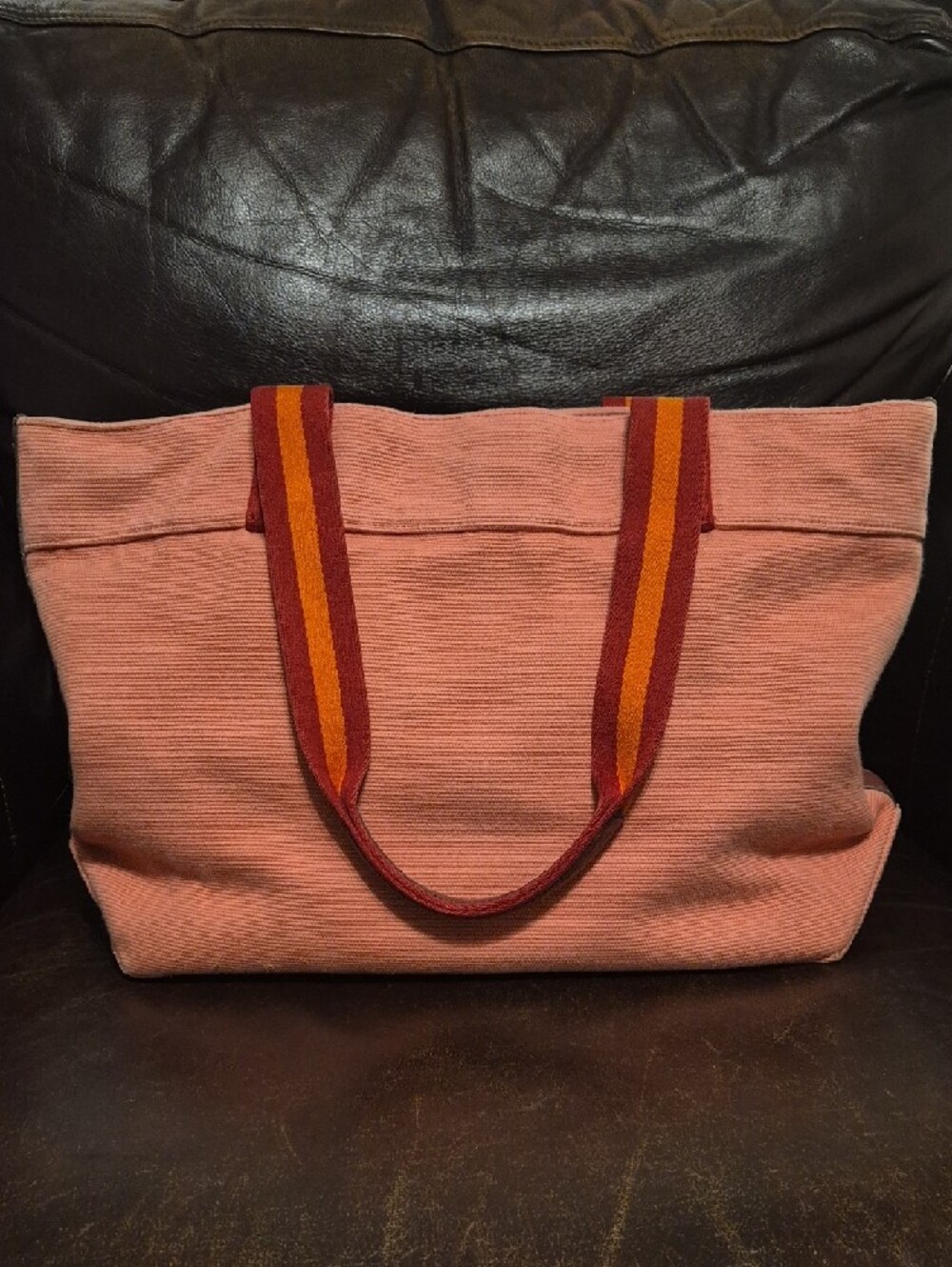 Coach Pink Canvas Tote with Striped Orange-Burgundy Handles - Picture 5 of 10